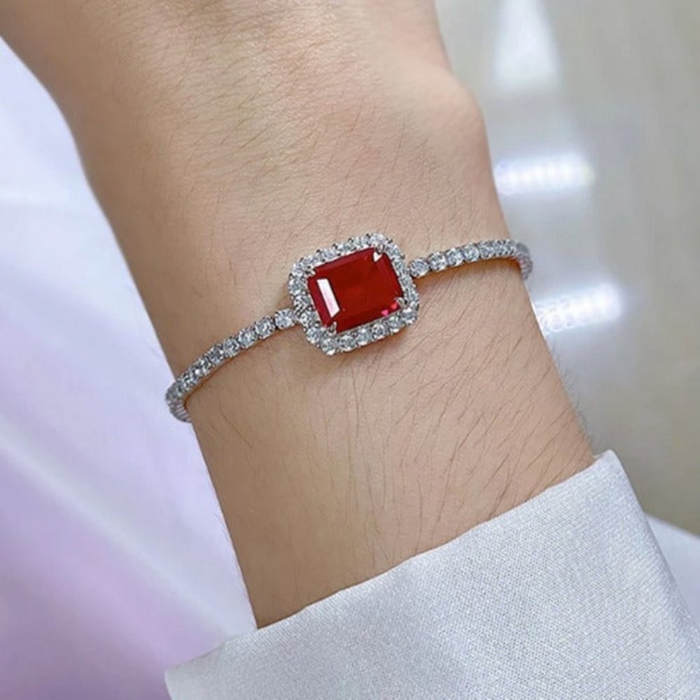 14K White Gold 2ct Square Ruby & Diamond Tennis Bracelet Jewelry 14 Karat Silver